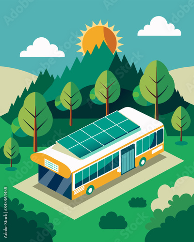 The solarpowered bus depot is situated in a remote area surrounded by lush greenery showcasing its commitment to sustainable practices.. Vector illustration