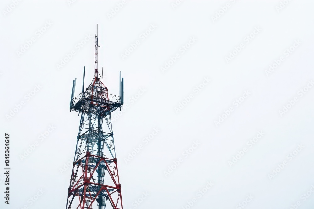 A single communication tower stands tall against a muted, overcast sky. A single communication tower stands tall against a muted, overcast sky.