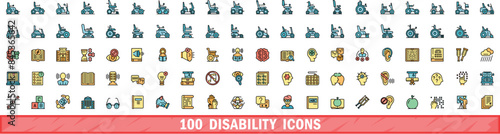 100 disability icons set. Color line set of disability vector icons thin line color flat on white