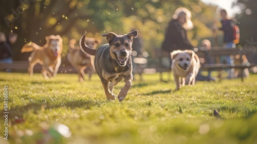 Happy dogs running freely in the park on a sunny day, with people sitting on benches in the background enjoying the peaceful afternoon.
