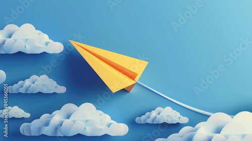 Yellow paper airplane flying among clouds on a blue background. Creative concept of travel and freedom. 3D illustration with playful design elements for postcards and invitations