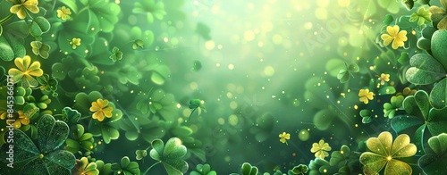 A celebratory illustration background for St. Patrick's Day with shamrocks, leprechauns, and green hues, leaving space for text