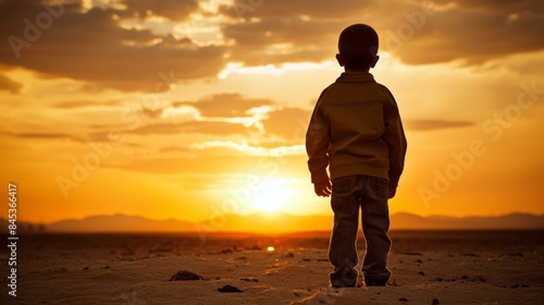 Stunning highres image of a boy silhouette against a vibrant sunset, perfect for outdoor adventure or childhoodthemed content. photo