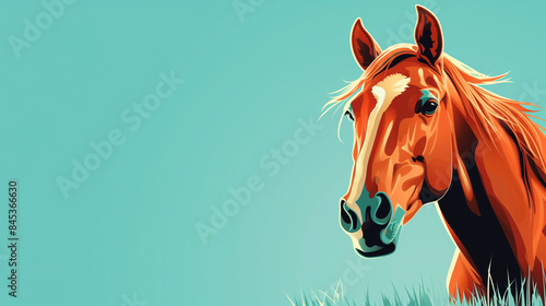 Chestnut red white horse on blue background. Banner with copy space © Herseliia