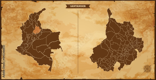 Santander state map, Colombia map with federal states in A vintage map based background, Political Colombia Map