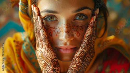 Stunning artwork featuring a confident woman with ornate mehndi designs. photo