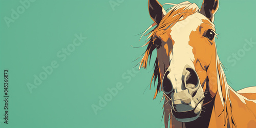 chestnut yellow dun golden white horse close-up selfie on blue background, banner copy space photo