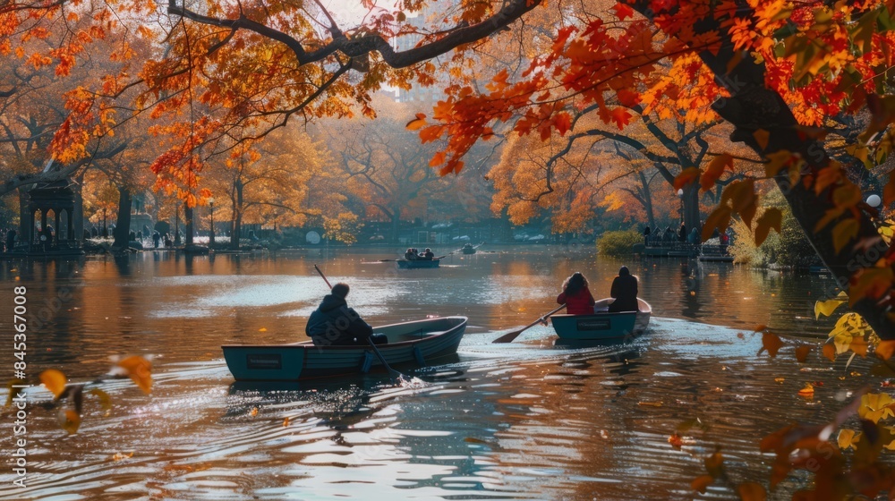 People rowing boats on a calm lake surrounded by vibrant autumn trees. Peaceful and colorful landscape showcasing the beauty of fall season outdoors People rowing boats on a calm lake surrounded by vibrant autumn trees. Peaceful and colorful landscape showcasing the beauty of fall season outdoors