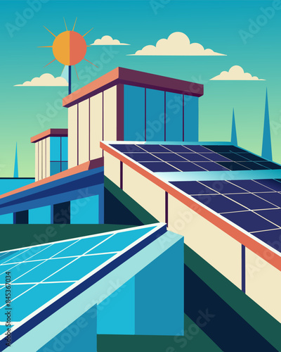 The clean lines of a solar array on a commercial buildings rooftop add a modern aesthetic to its surroundings.. Vector illustration