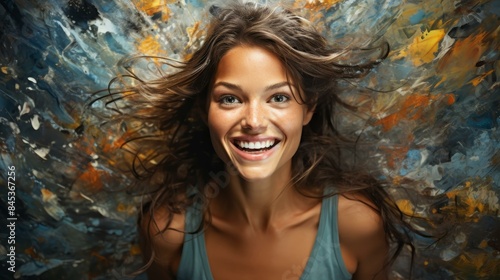 A highresolution texture featuring the joyful and radiant smile of a womans face in closeup, exuding happiness.