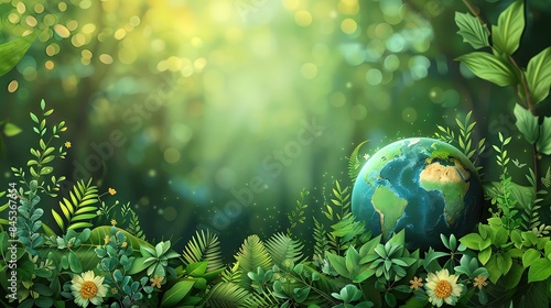 A serene illustration background for Earth Day featuring a globe, trees, and eco-friendly elements, leaving space for text © kazitafahnizeer