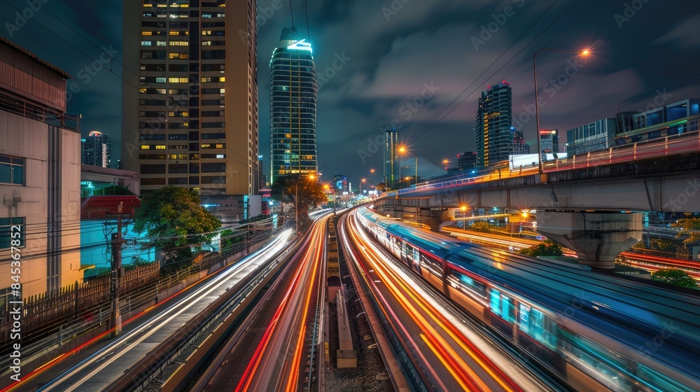road and the light trails of sky train at night road and the light trails of sky train at night