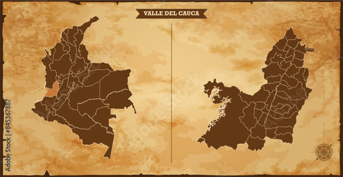 Valle del cauca state map, Colombia map with federal states in A vintage map based background, Political Colombia Map