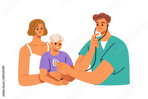 Doctor examining child patient with stethoscope. Mother and kid visiting pediatrician for medical checkup. Pediatric appointment, consultation. Flat vector illustration isolated on white background