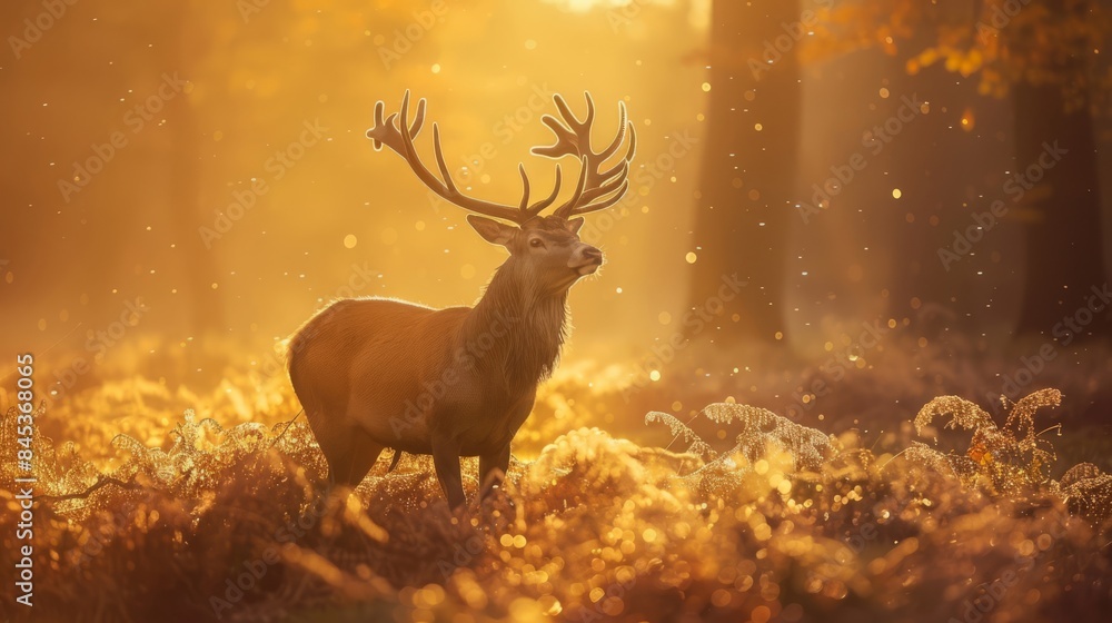 Majestic deer standing in a sunlit forest. Autumn leaves glow in golden light. Breathe nature's beauty with this serene landscape image. Majestic deer standing in a sunlit forest. Autumn leaves glow in golden light. Breathe nature's beauty with this serene landscape image.
