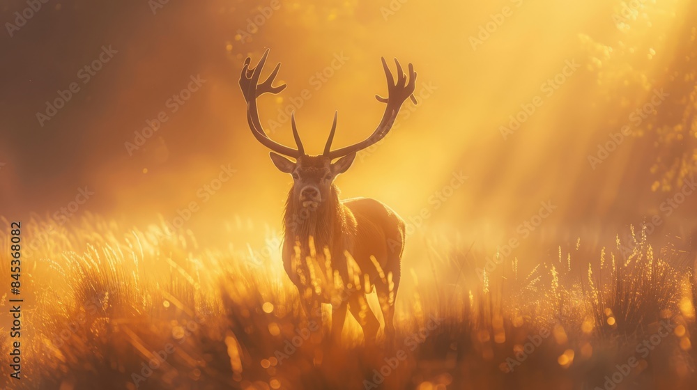 Obraz premium Majestic deer standing in the golden glow of sunrise light, surrounded by a misty forest landscape.