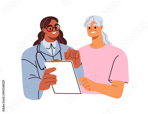 Doctor consulting senior patient. Physician discussing health treatment with elderly woman. Old female at medical consultation, hospital checkup. Flat vector illustration isolated on white background