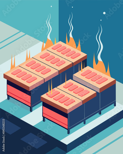 The smell of heated silicone permeates the air as the panels are attached to their frames and cured in large ovens.. Vector illustration