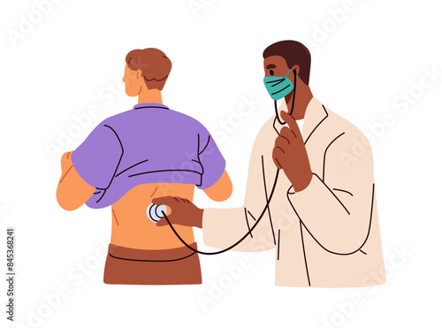 Doctor examining patient. Medical checkup, treatment. Physician listening with stethoscope during appointment. Practitioner examination, check. Flat vector illustration isolated on white background