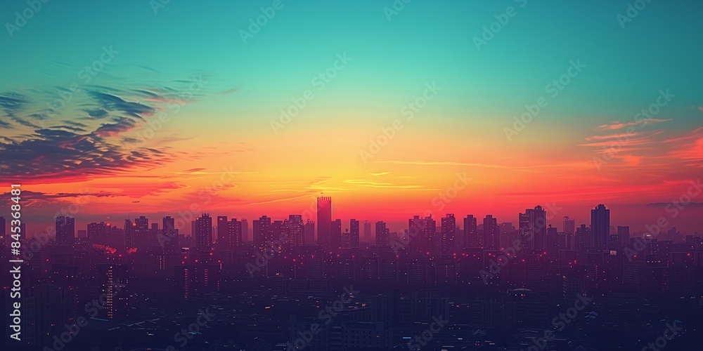 A panoramic twilight view of an urban skyline, showcasing modern architecture and city lights against the sunset A panoramic twilight view of an urban skyline, showcasing modern architecture and city lights against the sunset