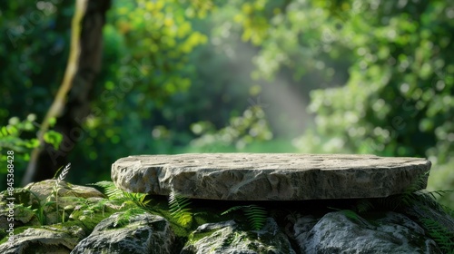 rock pedestal for a product display stand  green forest and blurred on the background  natural scenery landscape 
