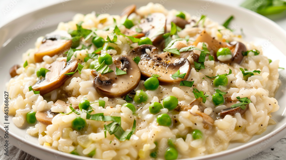 Creamy risotto with gently fried mushrooms and juicy green peas, decorated with fresh herbs, served in a white plate. Creamy risotto with gently fried mushrooms and juicy green peas, decorated with fresh herbs, served in a white plate.