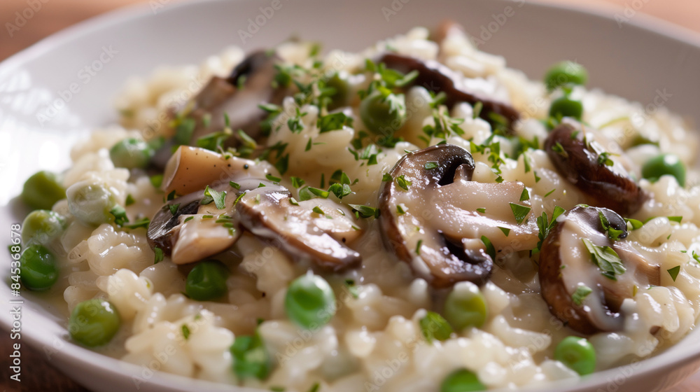 Creamy risotto with gently fried mushrooms and juicy green peas, decorated with fresh herbs, served in a white plate. Creamy risotto with gently fried mushrooms and juicy green peas, decorated with fresh herbs, served in a white plate.