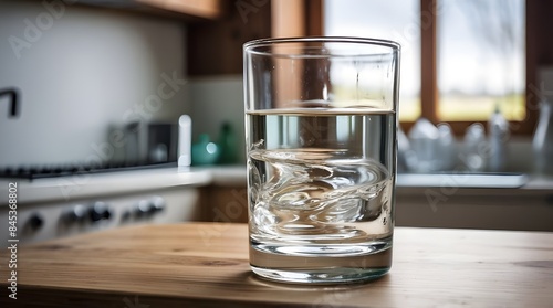 The kitchen has a glass of water in it.