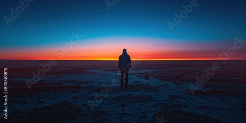 Silhouette of a person standing on a cliff at sunset overlooking a vast, serene landscape © JS_Stock