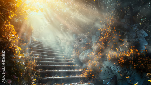 A mystical staircase leading to heaven, surrounded by otherworldly light, creating a vision of divine paradise and spiritual enlightenment. photo