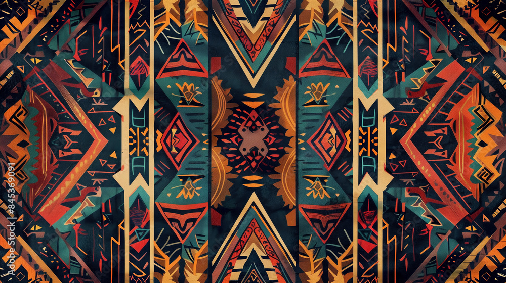 Richly decorated Aztec ethnic fabric, characterized by detailed patterns and intense colors. Richly decorated Aztec ethnic fabric, characterized by detailed patterns and intense colors.