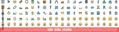 100 girl icons set. Color line set of girl vector icons thin line color flat on white