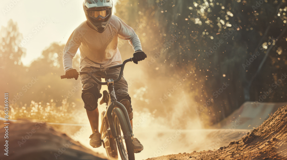 Fototapeta premium A man in a protective helmet rides a bmx bike on a dirty, dusty dirt track. Bmx motocross. The scene is dynamic and exciting, the driver skillfully navigates the track