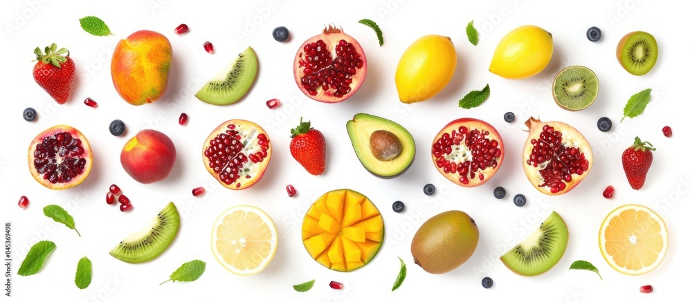 Variety of fruits and berries arranged in a flat lay style with apple, strawberry, pomegranate, mango, avocado, orange, lemon, kiwi, and peach isolated on a white background. Variety of fruits and berries arranged in a flat lay style with apple, strawberry, pomegranate, mango, avocado, orange, lemon, kiwi, and peach isolated on a white background.