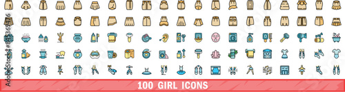 100 girl icons set. Color line set of girl vector icons thin line color flat on white