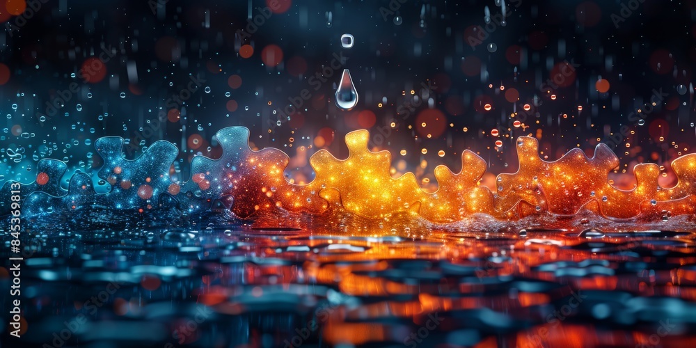 Illustrate a raindrop about to splash over a complex puzzle using colors dark blue Illustrate a raindrop about to splash over a complex puzzle using colors dark blue