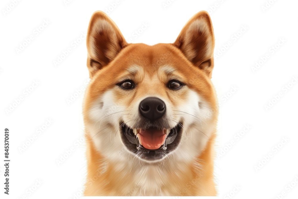Cute Portrait of Smiling Shiba inu Dog on Isolated White Background  Front view
