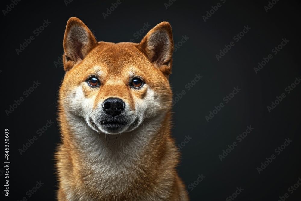 Portrait of Cute Shiba inu Dog Looks Friendly Paw Give Isolated Black Background Front view Portrait of Cute Shiba inu Dog Looks Friendly Paw Give Isolated Black Background Front view