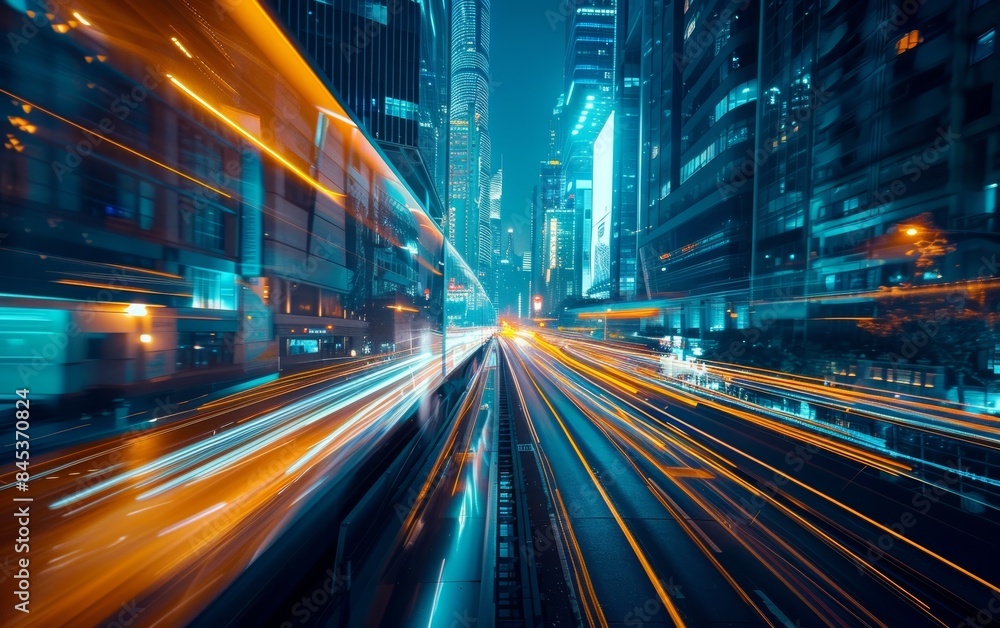 Night cityscape with vibrant blue tones, light trails from moving traffic, and modern architecture Night cityscape with vibrant blue tones, light trails from moving traffic, and modern architecture