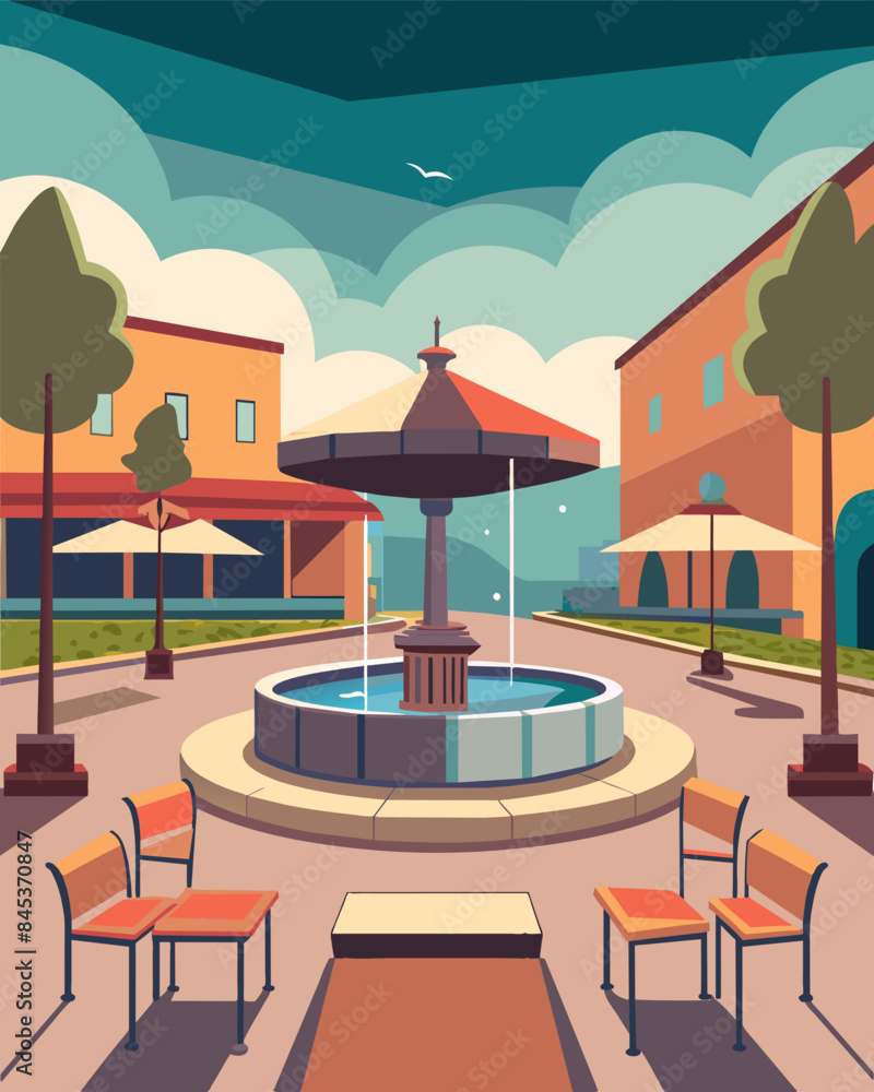 Fototapeta premium The once lively plaza with its fountain and outdoor seating now stood empty and forsaken a bleak reminder of better days.. Vector illustration