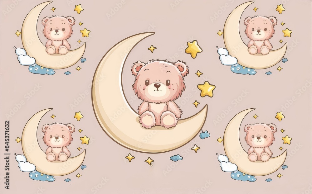 A pattern with cute teddy bears on the moon. Seamless pattern. Cute background. A pattern with cute teddy bears on the moon. Seamless pattern. Cute background.