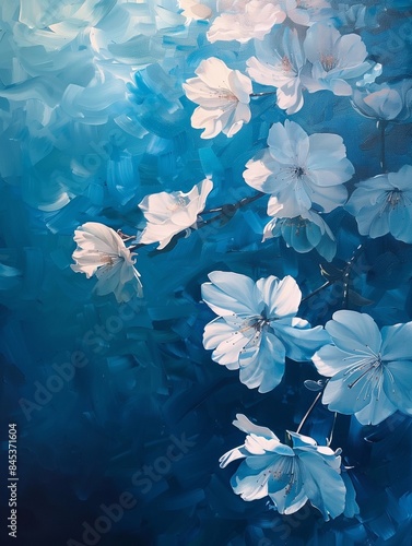 realistic artwork painting, white flowers in water, cherry blossoms, spring time flowers, glowing cool blue background. generative AI