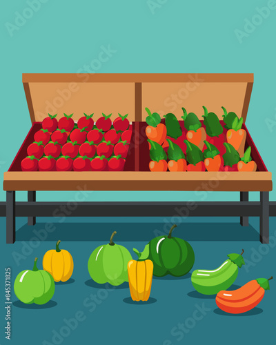 An empty produce section with only a few wilted vegetables and pickedover fruits left behind.. Vector illustration