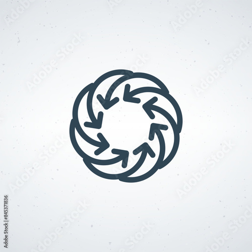 Radial inward arrows shape icon. A circular arrangement of arrows. Stock vector illustration isolated on white background.