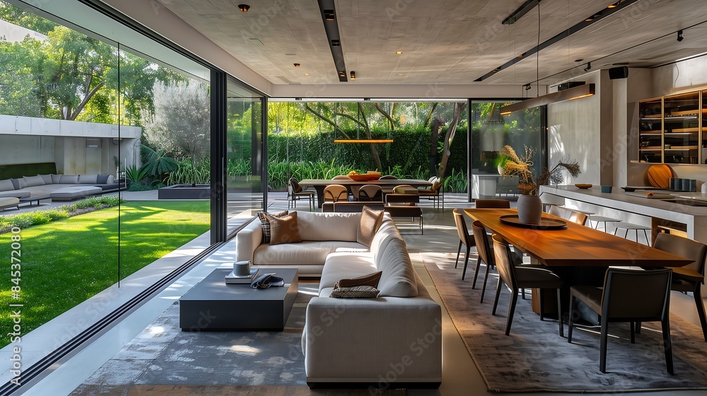 Fototapeta premium A contemporary home interior featuring a sleek lunch room and expansive glass doors leading to a stunning, landscaped lawn 
