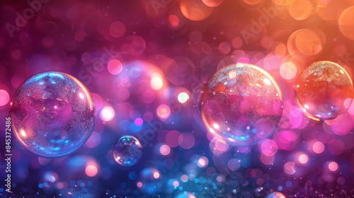 A cluster of sparkling bubbles against a bokeh background with a vivid contrast of pink and blue hues © Larisa AI