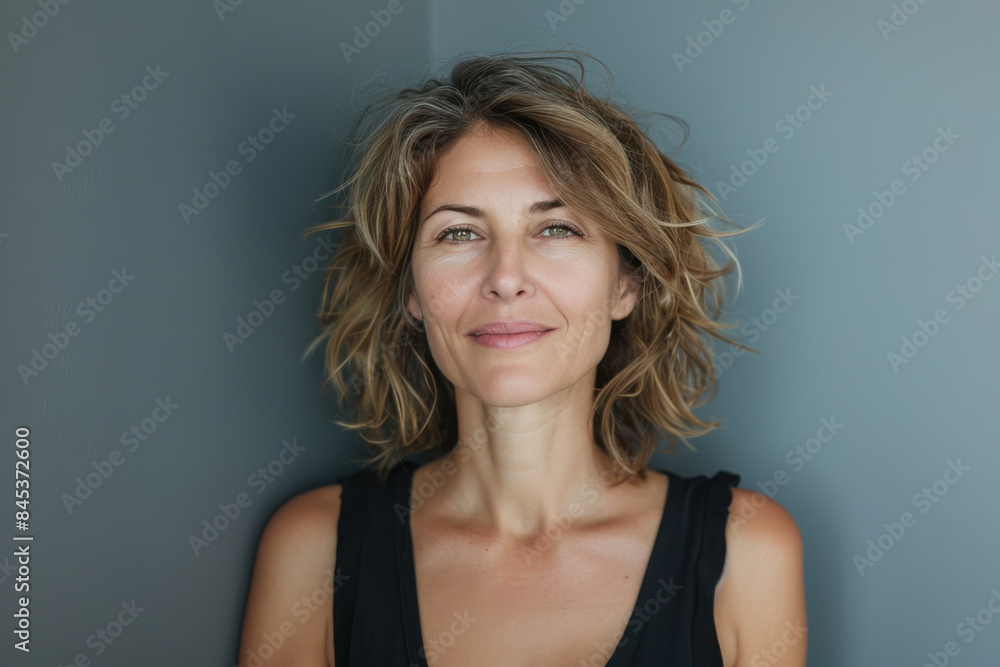 A close up portrait of a woman with a subtle smile A close up portrait of a woman with a subtle smile