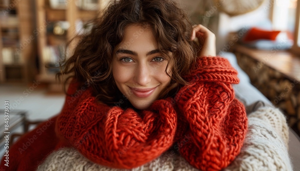 Smiling Young Woman with Curly Brown Hair in Red Sweater Sitting on Couch
Smiling Young Woman with Curly Brown Hair in Red Sweater Sitting on Couch
