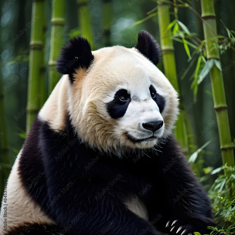 A majestic male panda with snowy white fur, his wise and gentle demeanor captured in a serene bamboo grove, .4 A majestic male panda with snowy white fur, his wise and gentle demeanor captured in a serene bamboo grove, .4