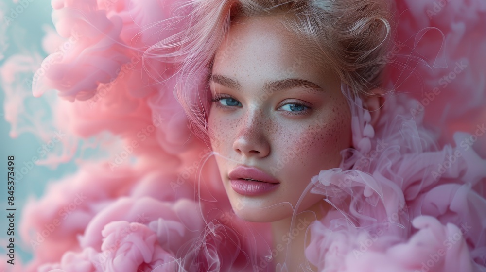 Portrait of a young lady with soft features and light pink smoke Portrait of a young lady with soft features and light pink smoke
